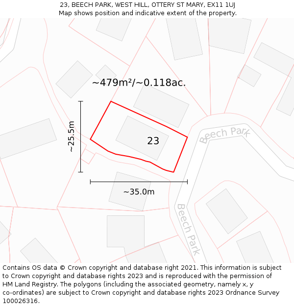 23, BEECH PARK, WEST HILL, OTTERY ST MARY, EX11 1UJ: Plot and title map
