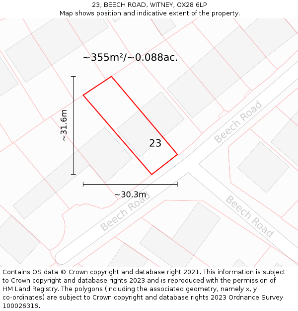 23, BEECH ROAD, WITNEY, OX28 6LP: Plot and title map