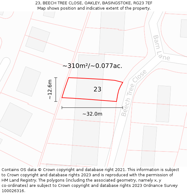 23, BEECH TREE CLOSE, OAKLEY, BASINGSTOKE, RG23 7EF: Plot and title map