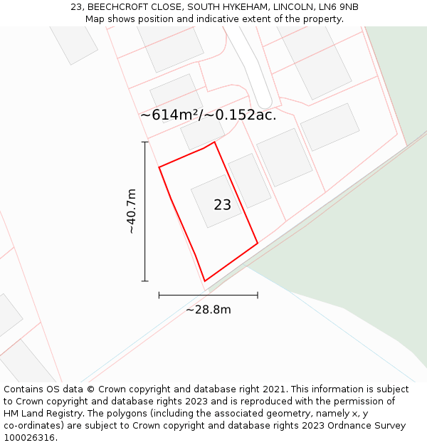 23, BEECHCROFT CLOSE, SOUTH HYKEHAM, LINCOLN, LN6 9NB: Plot and title map