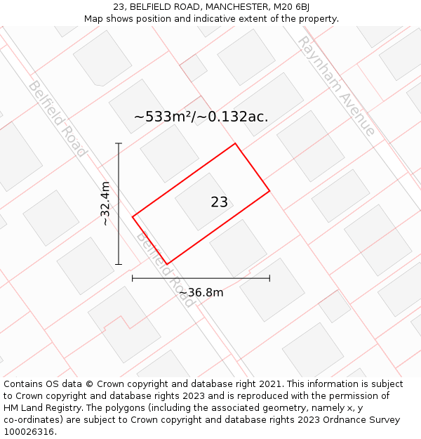 23, BELFIELD ROAD, MANCHESTER, M20 6BJ: Plot and title map