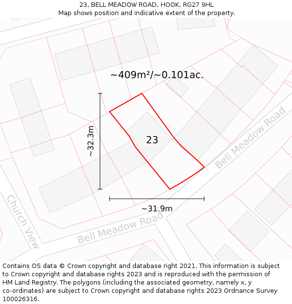 23, BELL MEADOW ROAD, HOOK, RG27 9HL: Plot and title map