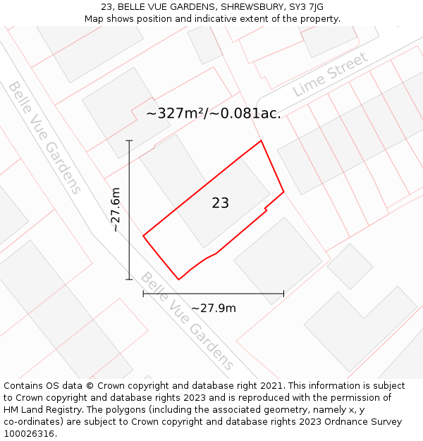 23, BELLE VUE GARDENS, SHREWSBURY, SY3 7JG: Plot and title map