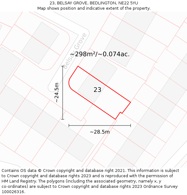 23, BELSAY GROVE, BEDLINGTON, NE22 5YU: Plot and title map