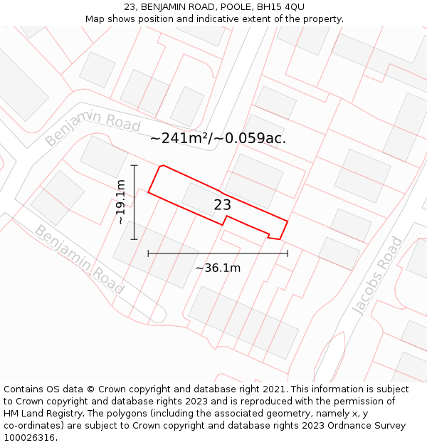 23, BENJAMIN ROAD, POOLE, BH15 4QU: Plot and title map