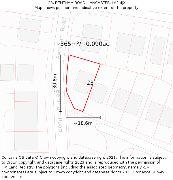 23, BENTHAM ROAD, LANCASTER, LA1 4JX: Plot and title map