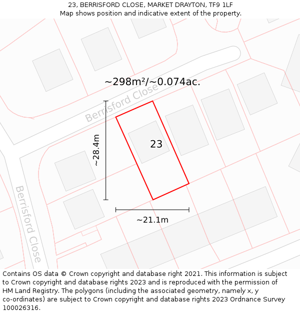 23, BERRISFORD CLOSE, MARKET DRAYTON, TF9 1LF: Plot and title map