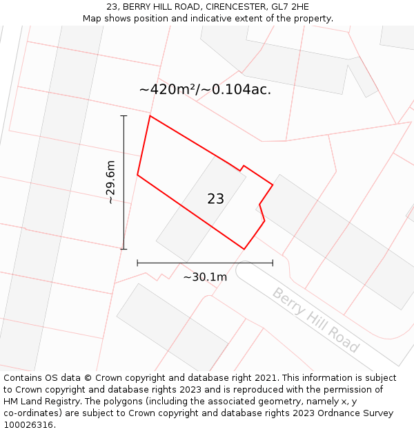 23, BERRY HILL ROAD, CIRENCESTER, GL7 2HE: Plot and title map