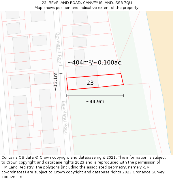 23, BEVELAND ROAD, CANVEY ISLAND, SS8 7QU: Plot and title map