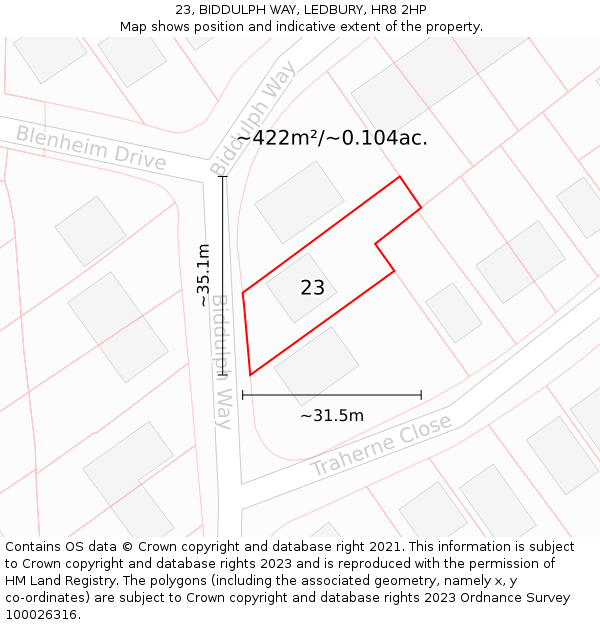 23, BIDDULPH WAY, LEDBURY, HR8 2HP: Plot and title map