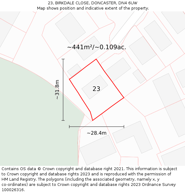 23, BIRKDALE CLOSE, DONCASTER, DN4 6UW: Plot and title map