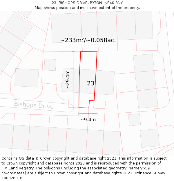 23, BISHOPS DRIVE, RYTON, NE40 3NY: Plot and title map