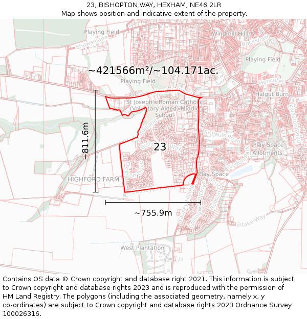 23, BISHOPTON WAY, HEXHAM, NE46 2LR: Plot and title map
