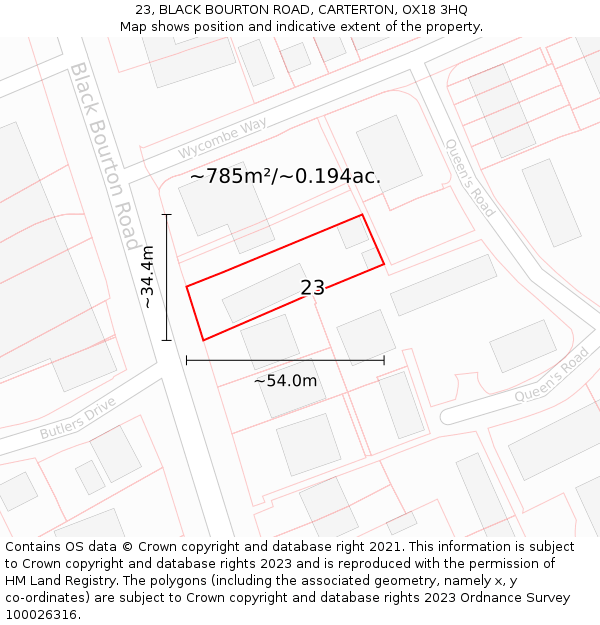 23, BLACK BOURTON ROAD, CARTERTON, OX18 3HQ: Plot and title map