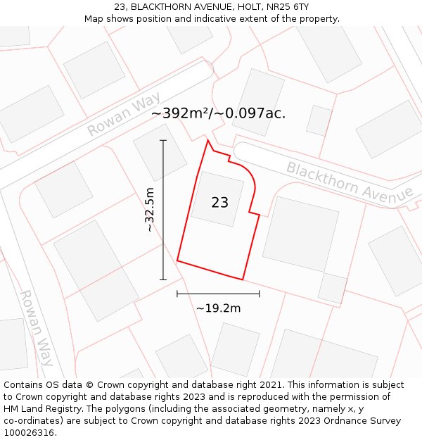 23, BLACKTHORN AVENUE, HOLT, NR25 6TY: Plot and title map