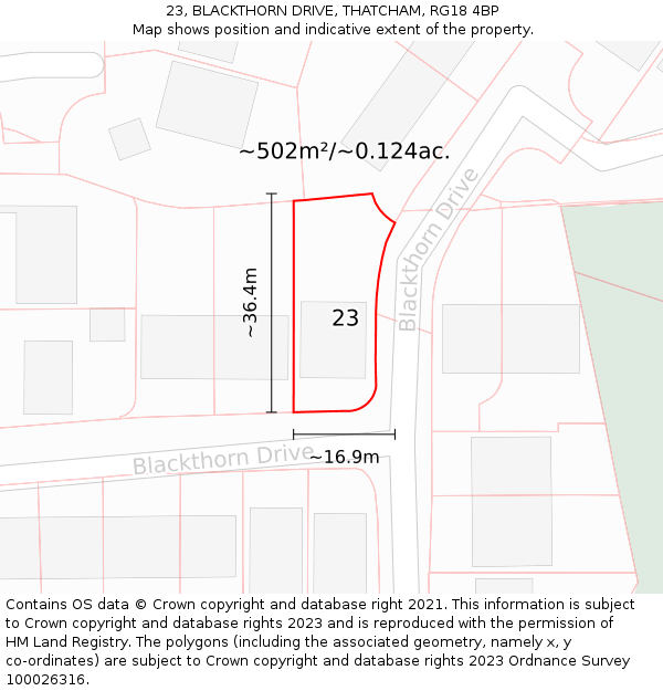 23, BLACKTHORN DRIVE, THATCHAM, RG18 4BP: Plot and title map