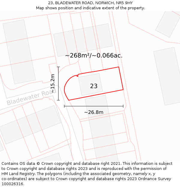 23, BLADEWATER ROAD, NORWICH, NR5 9HY: Plot and title map