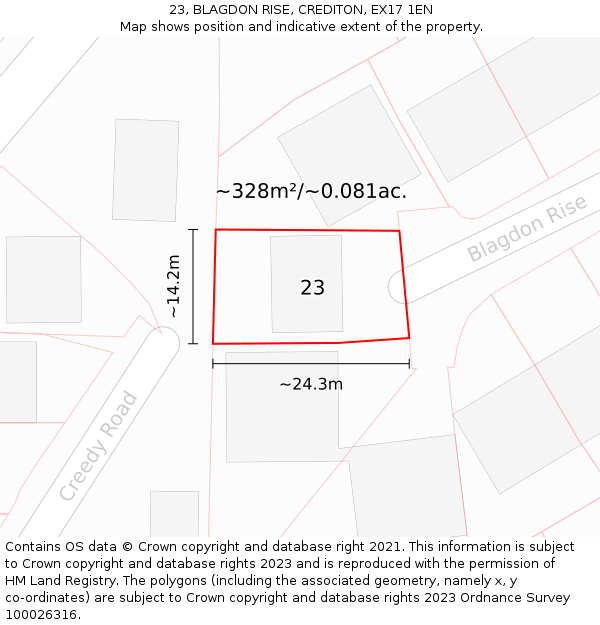 23, BLAGDON RISE, CREDITON, EX17 1EN: Plot and title map