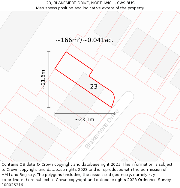 23, BLAKEMERE DRIVE, NORTHWICH, CW9 8US: Plot and title map