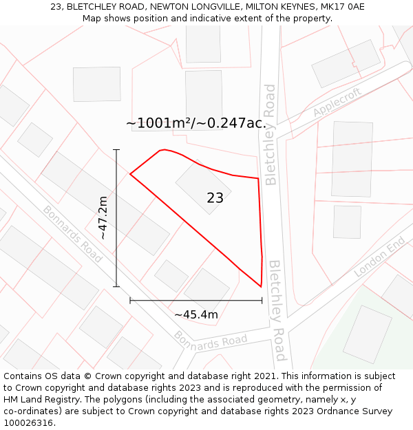 23, BLETCHLEY ROAD, NEWTON LONGVILLE, MILTON KEYNES, MK17 0AE: Plot and title map