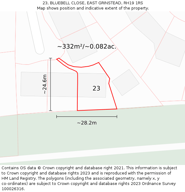 23, BLUEBELL CLOSE, EAST GRINSTEAD, RH19 1RS: Plot and title map