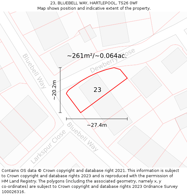 23, BLUEBELL WAY, HARTLEPOOL, TS26 0WF: Plot and title map