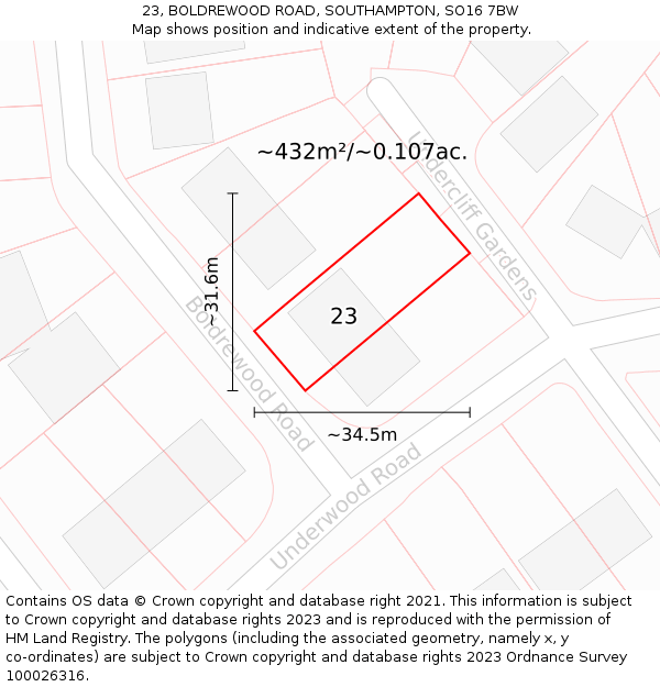 23, BOLDREWOOD ROAD, SOUTHAMPTON, SO16 7BW: Plot and title map