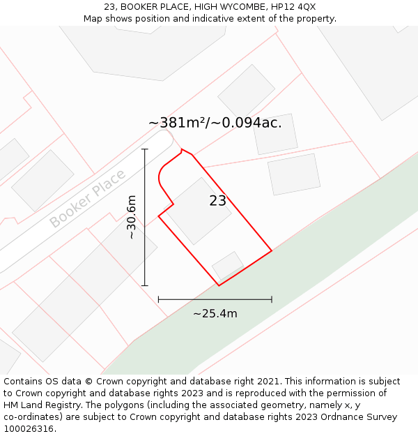 23, BOOKER PLACE, HIGH WYCOMBE, HP12 4QX: Plot and title map