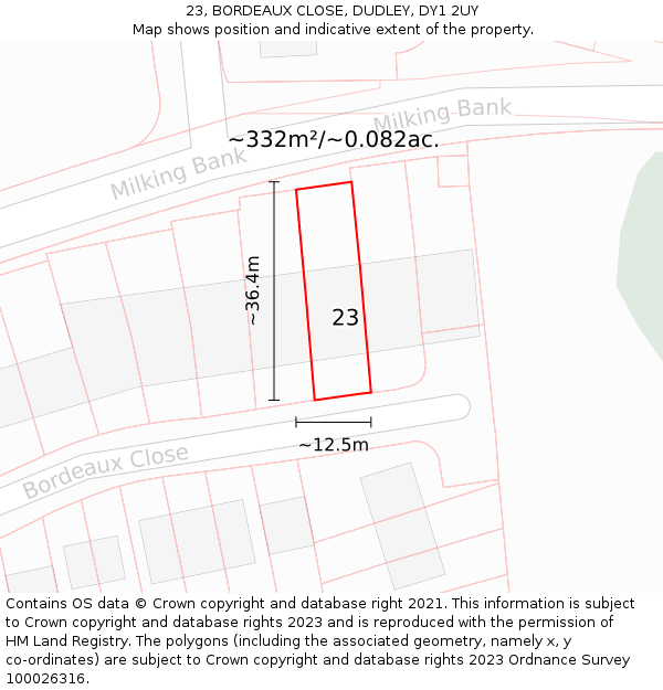 23, BORDEAUX CLOSE, DUDLEY, DY1 2UY: Plot and title map