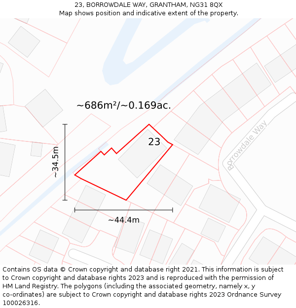 23, BORROWDALE WAY, GRANTHAM, NG31 8QX: Plot and title map