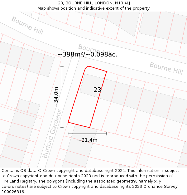 23, BOURNE HILL, LONDON, N13 4LJ: Plot and title map