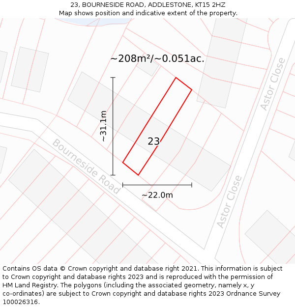 23, BOURNESIDE ROAD, ADDLESTONE, KT15 2HZ: Plot and title map