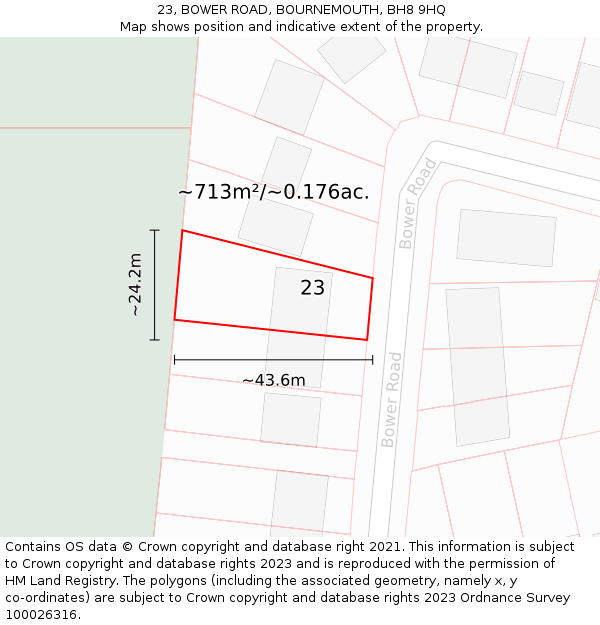 23, BOWER ROAD, BOURNEMOUTH, BH8 9HQ: Plot and title map