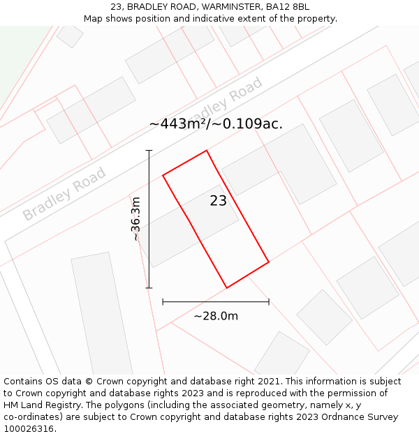 23, BRADLEY ROAD, WARMINSTER, BA12 8BL: Plot and title map