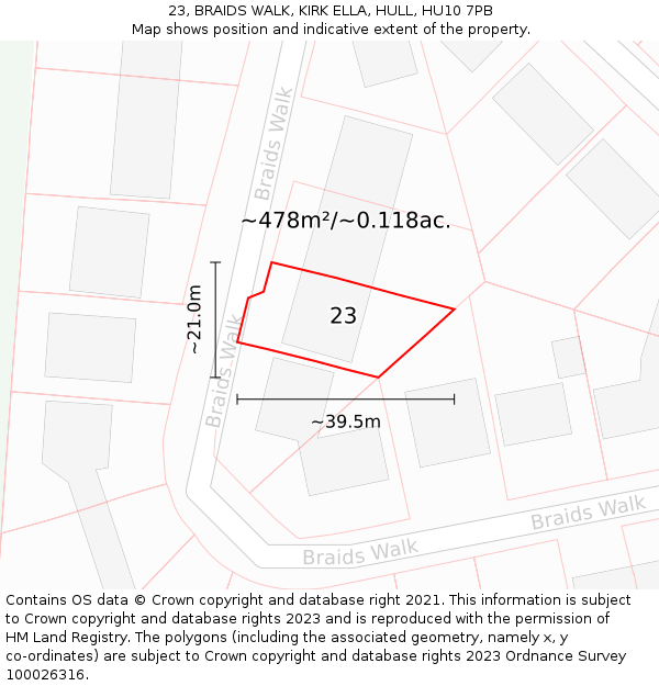 23, BRAIDS WALK, KIRK ELLA, HULL, HU10 7PB: Plot and title map