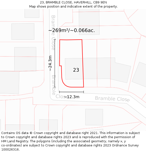 23, BRAMBLE CLOSE, HAVERHILL, CB9 9EN: Plot and title map