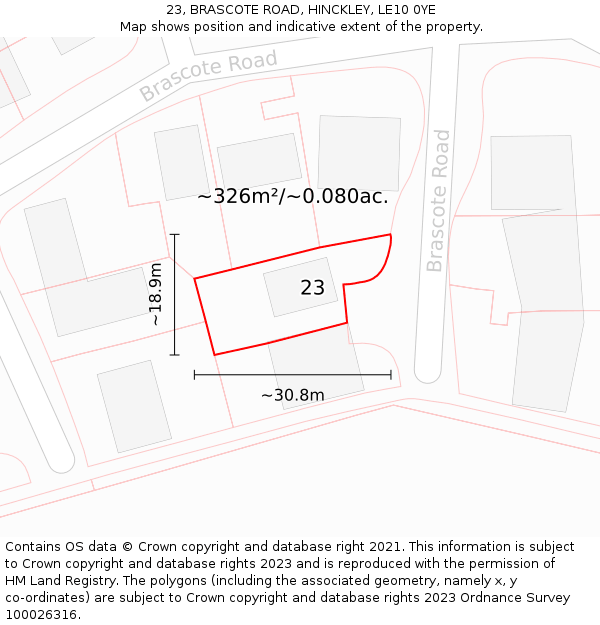 23, BRASCOTE ROAD, HINCKLEY, LE10 0YE: Plot and title map