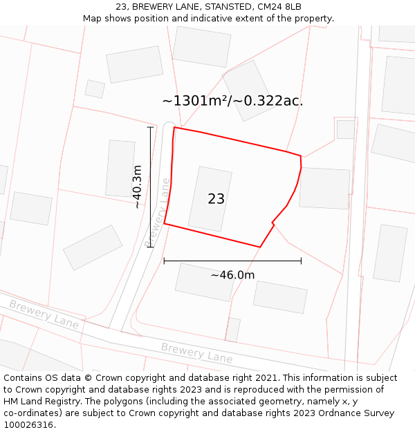 23, BREWERY LANE, STANSTED, CM24 8LB: Plot and title map