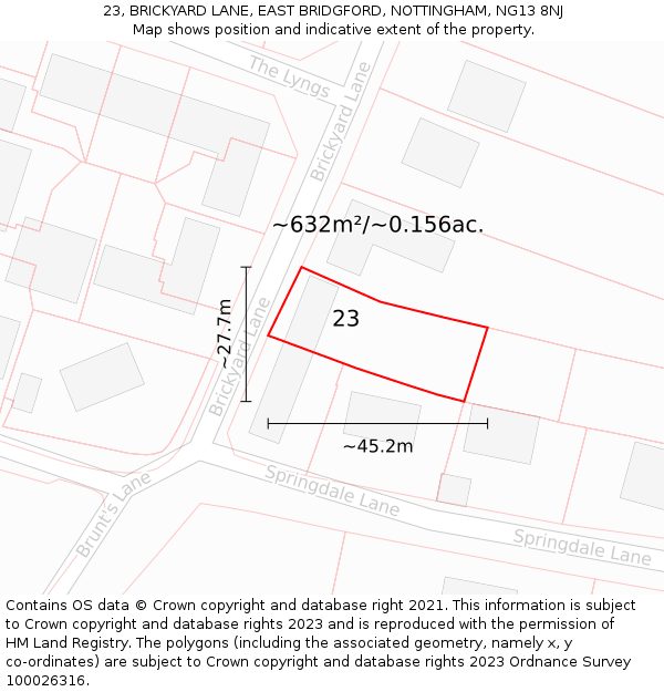 23, BRICKYARD LANE, EAST BRIDGFORD, NOTTINGHAM, NG13 8NJ: Plot and title map