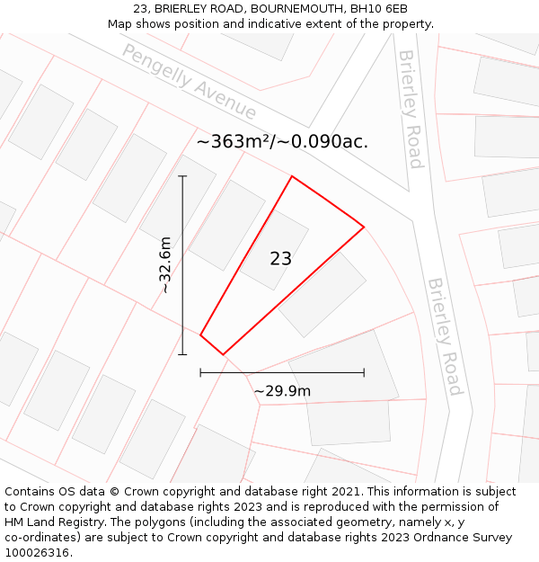 23, BRIERLEY ROAD, BOURNEMOUTH, BH10 6EB: Plot and title map