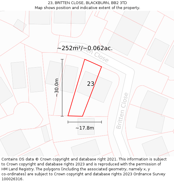 23, BRITTEN CLOSE, BLACKBURN, BB2 3TD: Plot and title map