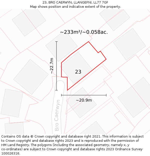 23, BRO CAERWYN, LLANGEFNI, LL77 7GF: Plot and title map