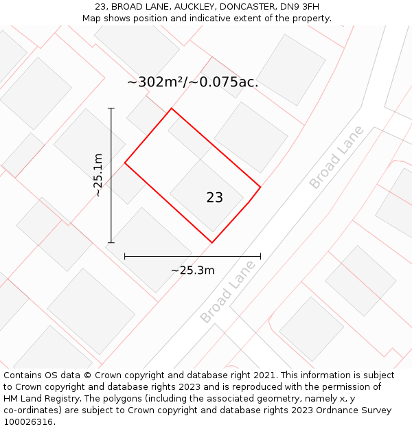 23, BROAD LANE, AUCKLEY, DONCASTER, DN9 3FH: Plot and title map