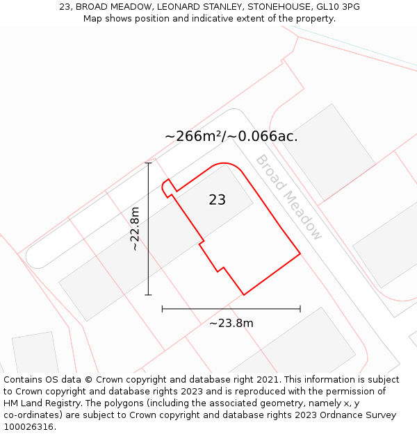 23, BROAD MEADOW, LEONARD STANLEY, STONEHOUSE, GL10 3PG: Plot and title map