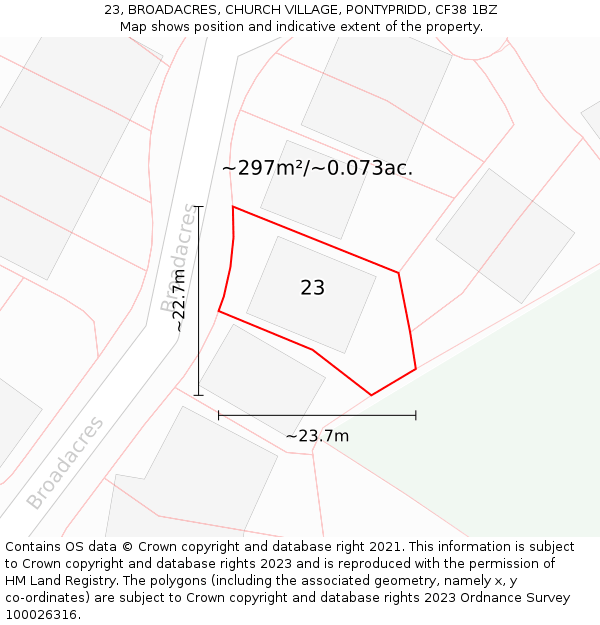 23, BROADACRES, CHURCH VILLAGE, PONTYPRIDD, CF38 1BZ: Plot and title map