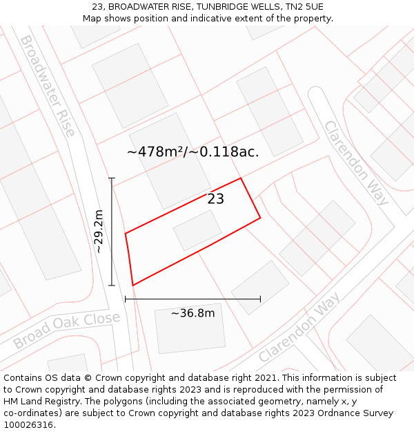 23, BROADWATER RISE, TUNBRIDGE WELLS, TN2 5UE: Plot and title map