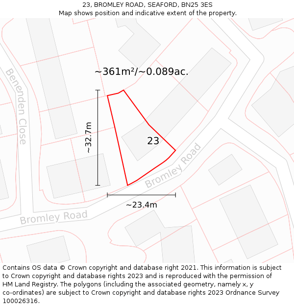 23, BROMLEY ROAD, SEAFORD, BN25 3ES: Plot and title map