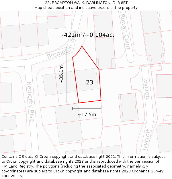 23, BROMPTON WALK, DARLINGTON, DL3 8RT: Plot and title map
