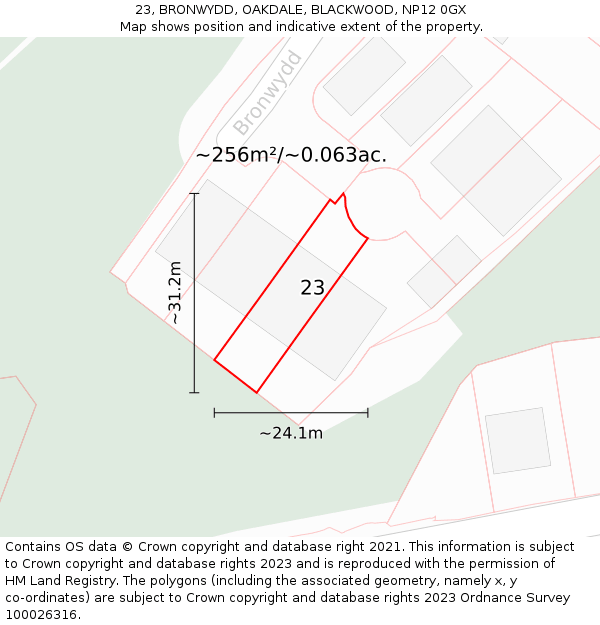 23, BRONWYDD, OAKDALE, BLACKWOOD, NP12 0GX: Plot and title map