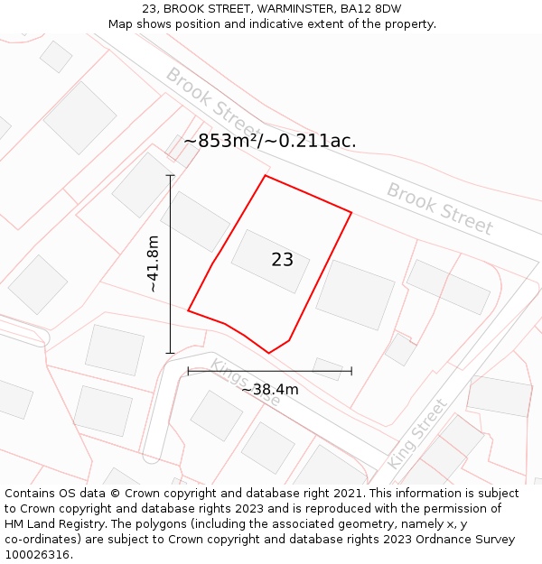 23, BROOK STREET, WARMINSTER, BA12 8DW: Plot and title map